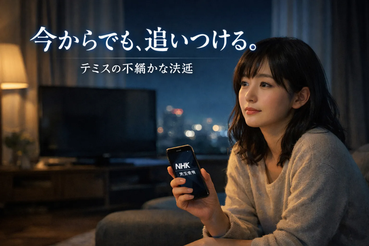 夜のリビングでスマートフォンを手にした日本人女性が、消えたテレビ画面を見つめている。NHKドラマ「テミスの不確かな法廷」を今から追いつけることを伝える落ち着いた雰囲気のアイキャッチ画像。