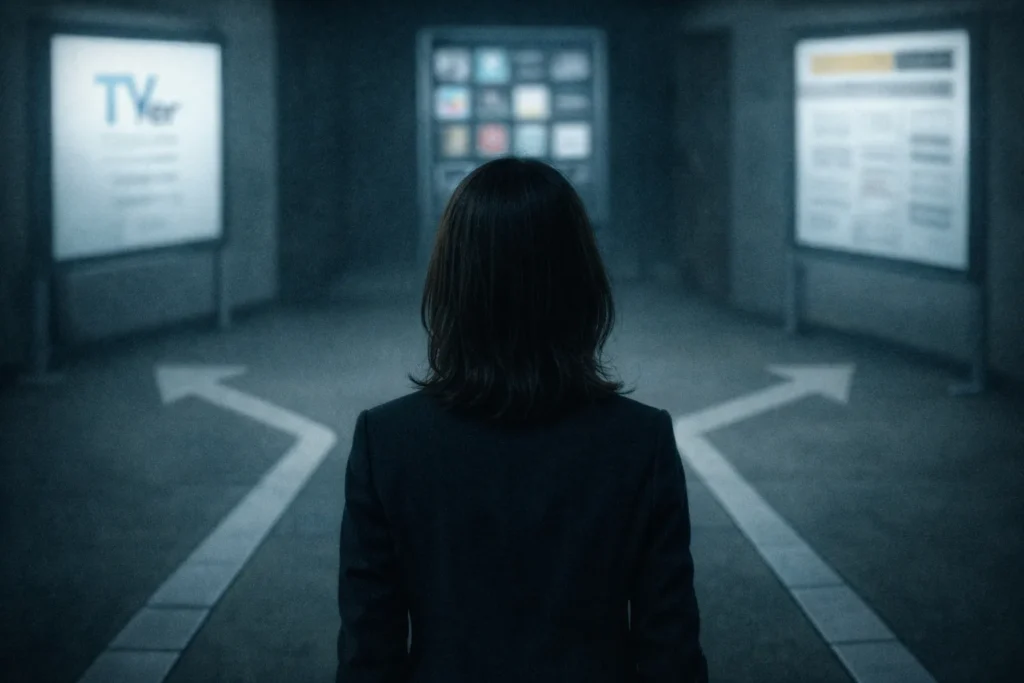 暗い室内で分岐点に立ち、複数の配信サービスを示す光る案内を前に思案するスーツ姿の日本人女性。動画配信サービスの選択に迷う状況を表したドラマ「おコメの女」風のアイキャッチ画像。