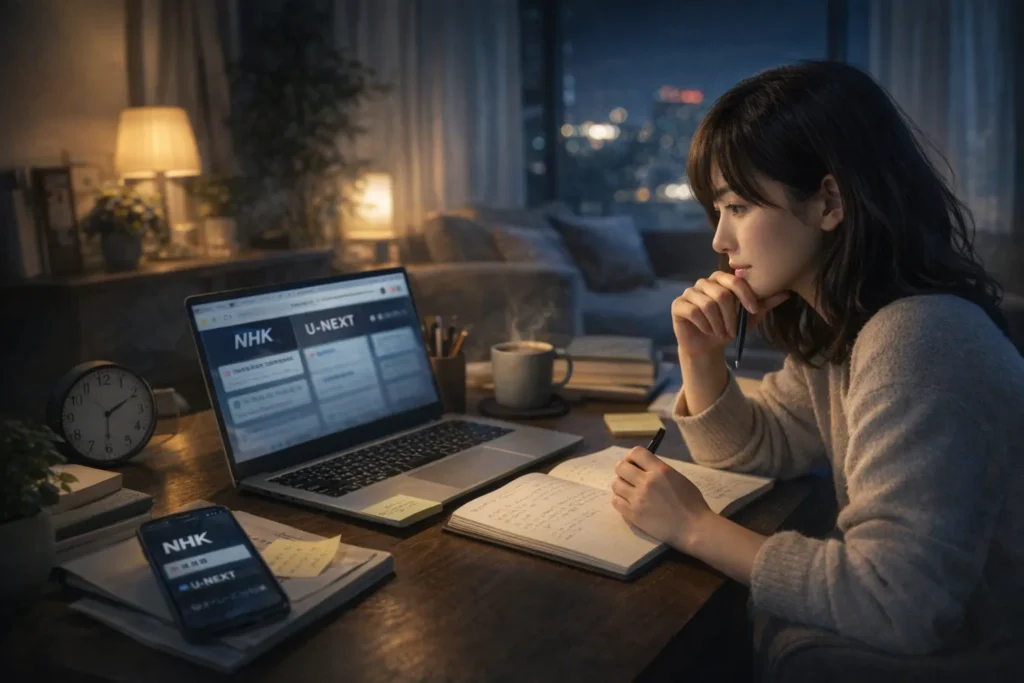 夜のデスクでノートパソコンを見つめながら情報を整理する日本人女性。NHK公式サービスを比較し、ドラマを追いつく方法を考えている様子を表した画像。
