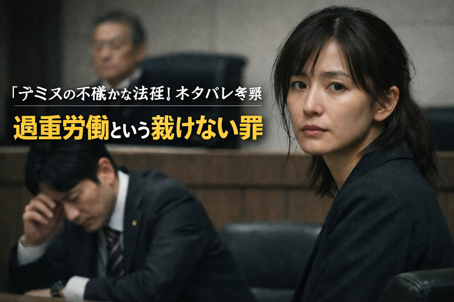 NHKドラマ『テミスの不確かな法廷』ネタバレ考察の実写風アイキャッチ画像。法廷で過重労働の重さを象徴する日本人女性。