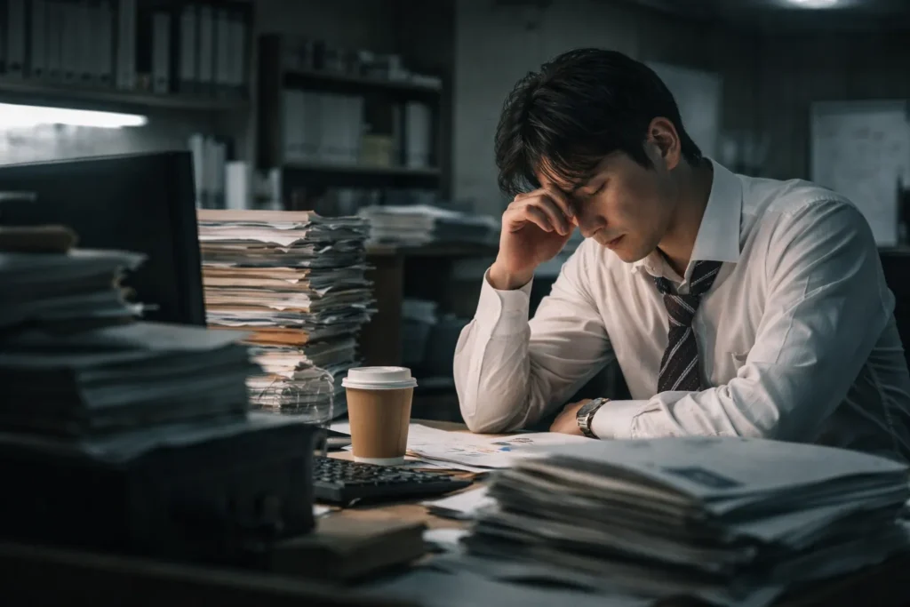 深夜のオフィスで働き続ける日本人男性。テミスの不確かな法廷1話で描かれた過重労働の始まりを表す実写風画像。 