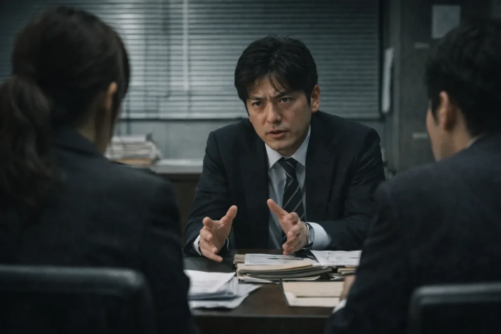 会議室で議論する日本人男性たち。テミスの不確かな法廷2話で描かれた責任の所在の曖昧さを表す実写風画像。 