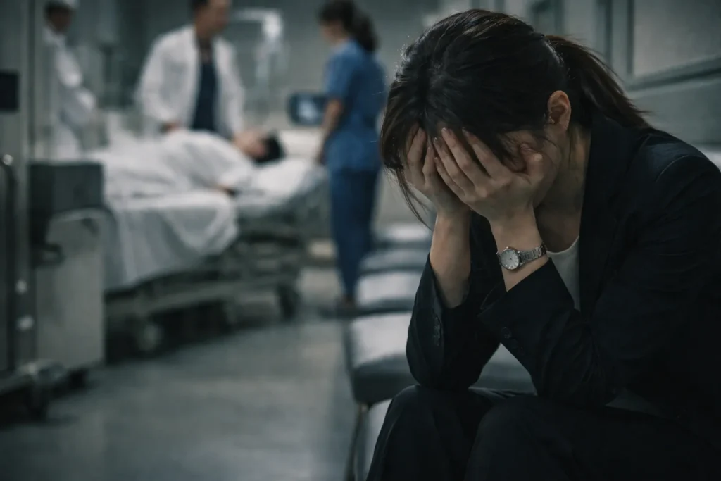 病院で頭を抱える日本人女性。テミスの不確かな法廷4話で描かれた救われなさを表す実写風画像。 
