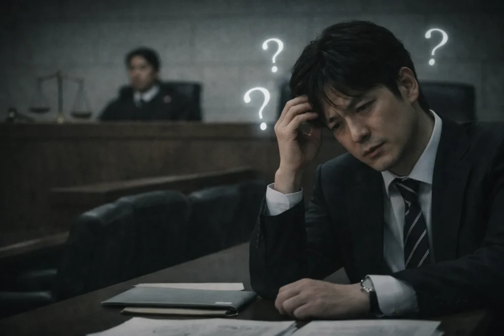 法廷で思い悩む日本人弁護士。テミスの不確かな法廷が残した「わからない」という感覚を表す実写風画像。
