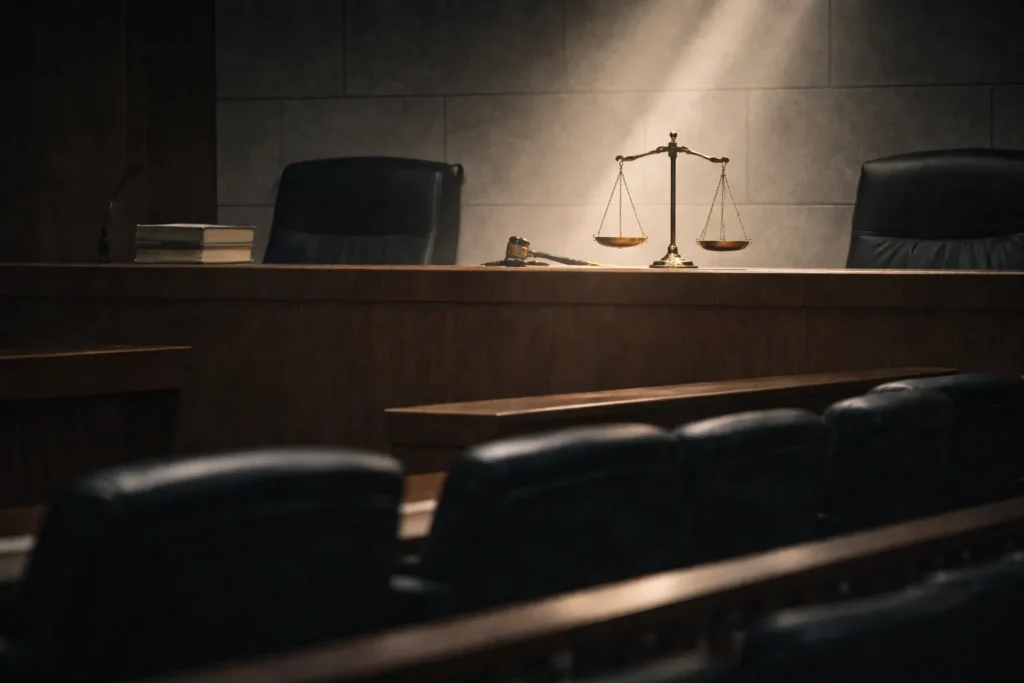 無人の法廷に置かれた天秤。過重労働を法廷で描いた意味を象徴する実写風画像。
