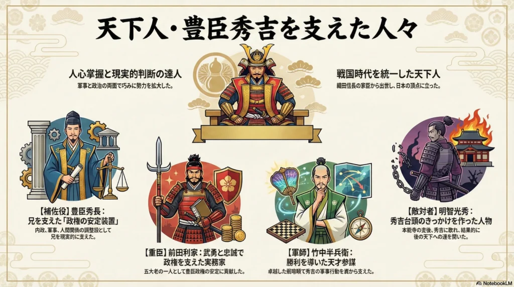 「豊臣政権の史実相関図。中央に最高権力者の豊臣秀吉、その隣に政権安定の要である実弟・豊臣秀長を配置。秀吉を囲むように、敵対関係の明智光秀、協力関係の前田利家、軍事参謀の竹中半兵衛を配置し、兄弟の絆と周囲の支えによる政権構造を可視化している」