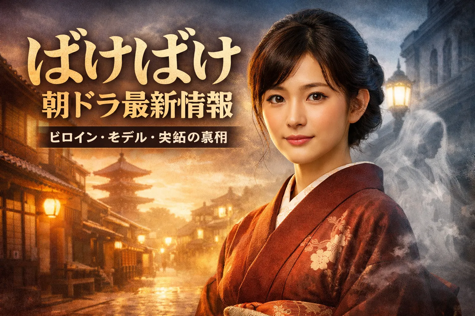 明治期の街並みを背景に、深紅の着物を着た若い日本人女性がこちらを見つめる朝ドラ「ばけばけ」最新情報のアイキャッチ画像。和と洋が交差する幻想的な雰囲気と、怪談を思わせる淡い影が描かれている。