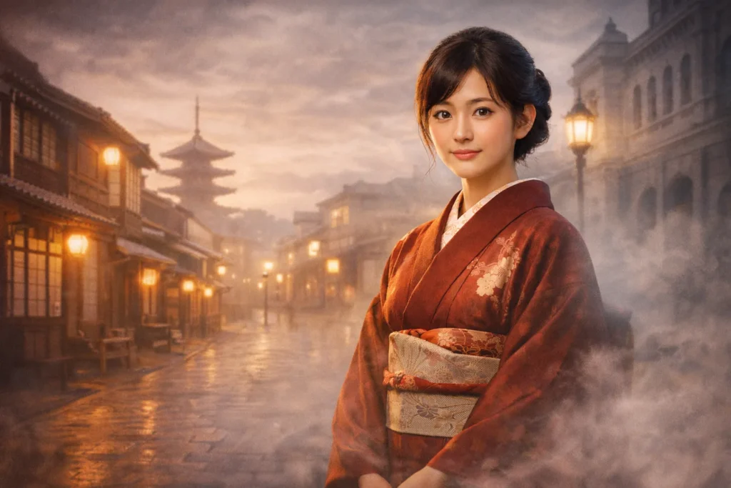 霧が立ち込める明治期の街並みを背景に、深紅の着物をまとった日本人女性が静かにこちらを見つめる朝ドラ「ばけばけ」最新情報セクション用アイキャッチ画像。和と洋が交差する幻想的な雰囲気が漂う。