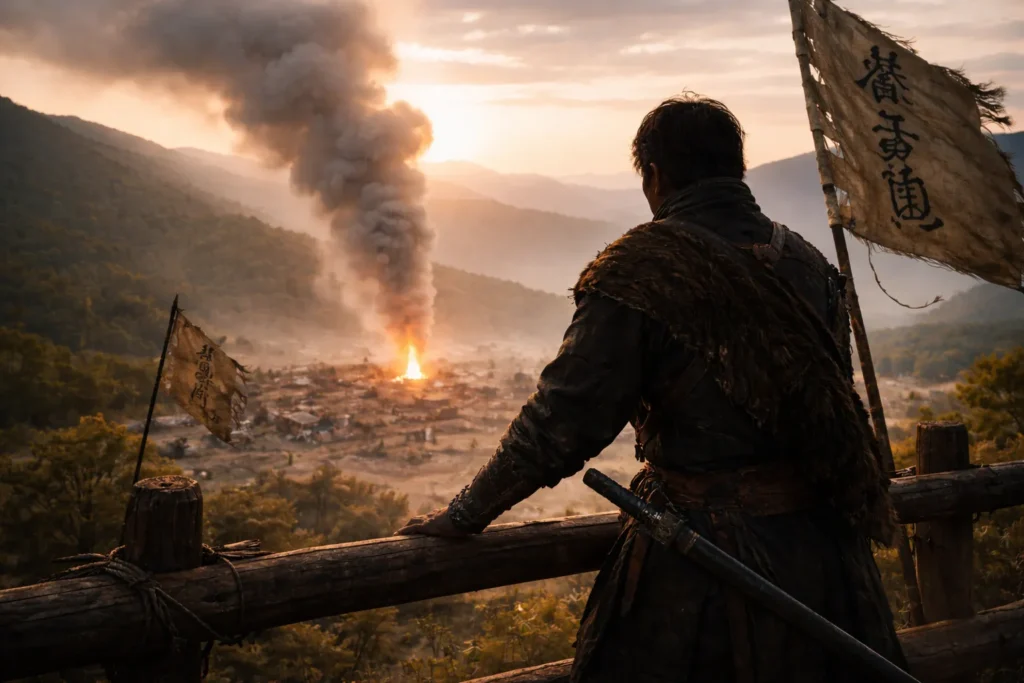 北方謙三 水滸伝ドラマの夜明けの砦と狼煙を見つめる男性の背中