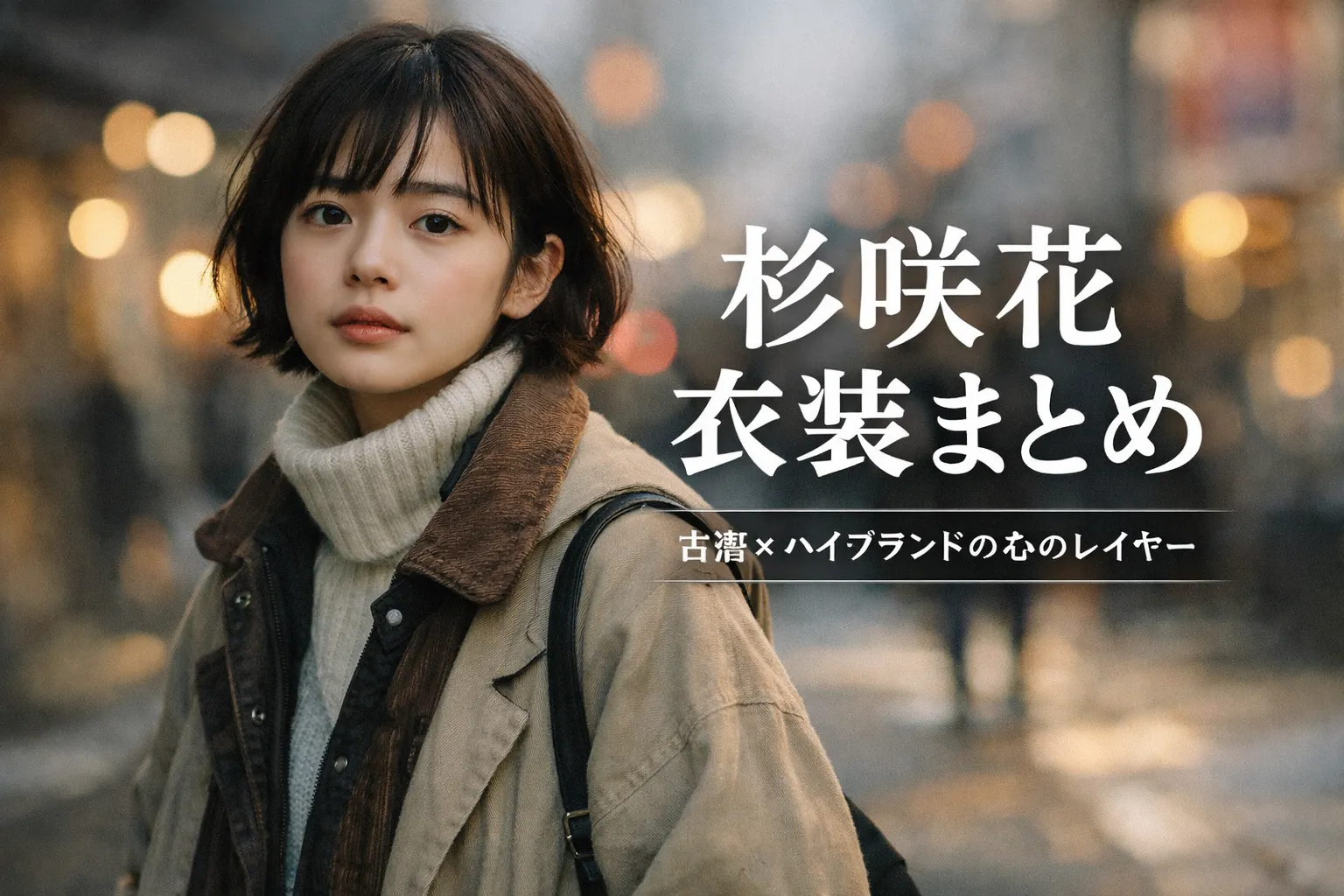 冬の夕暮れの街角で、淡いベージュのコートとタートルニットを重ね着した日本人女性が、静かな表情でこちらを見つめている。背景にはぼかした街灯の光が広がり、画面右側に「杉咲花 衣装まとめ 古着×ハイブランドの心のレイヤー」という白文字タイトルが配置されている。