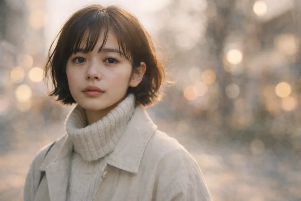 春のやわらかな逆光の中、エクリュのジャケットとアイボリーのタートルニットを重ね着した日本人女性が、涙の余韻をたたえた静かな表情でこちらを見つめている。背景には淡くぼけた木立と光の粒が広がり、冬の終わりと春の気配を感じさせる雰囲気のポートレート。