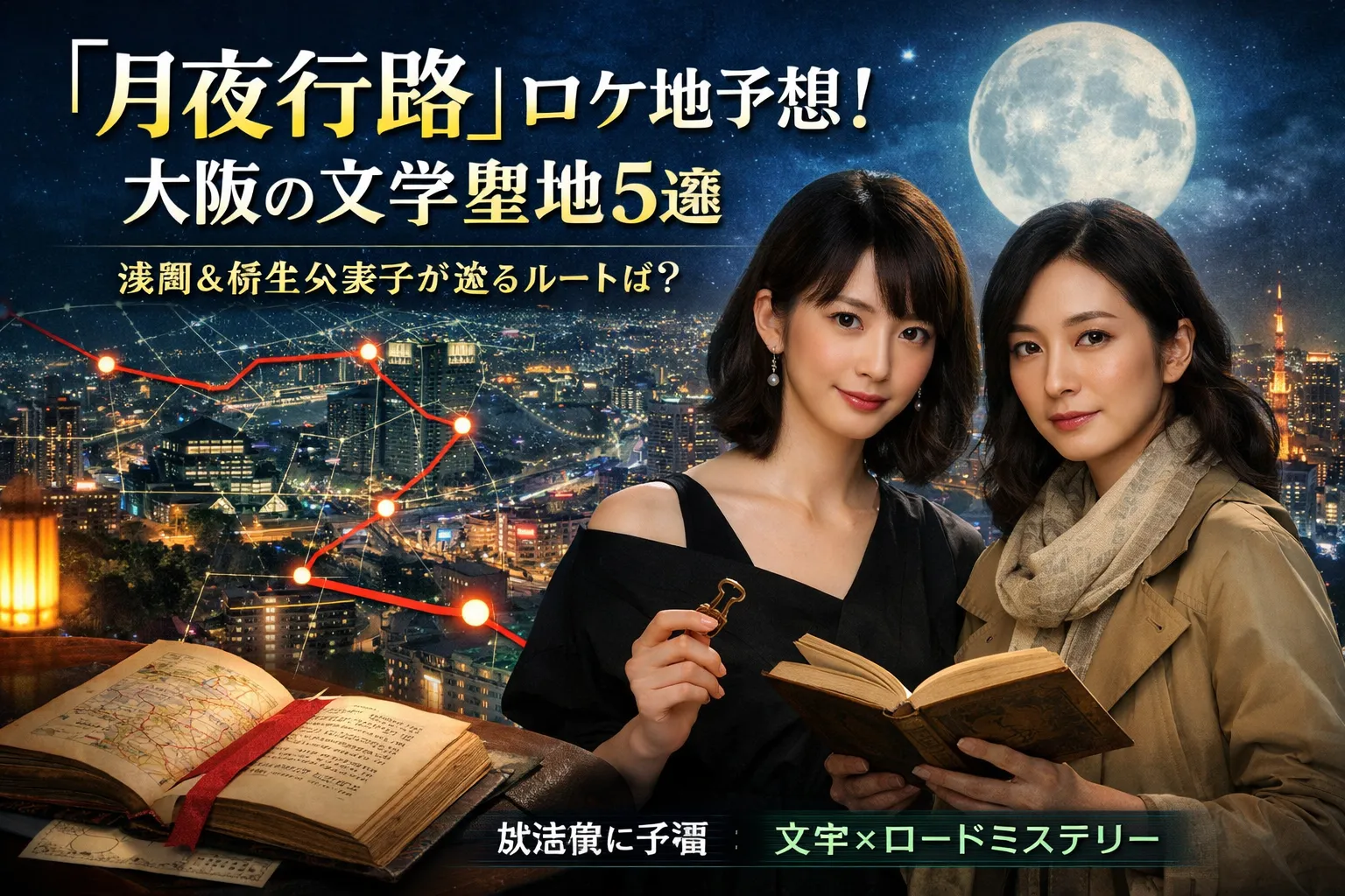 大阪の文学聖地巡りを連想させる、月夜の夜景と地図ルート、本と鍵のビジュアル