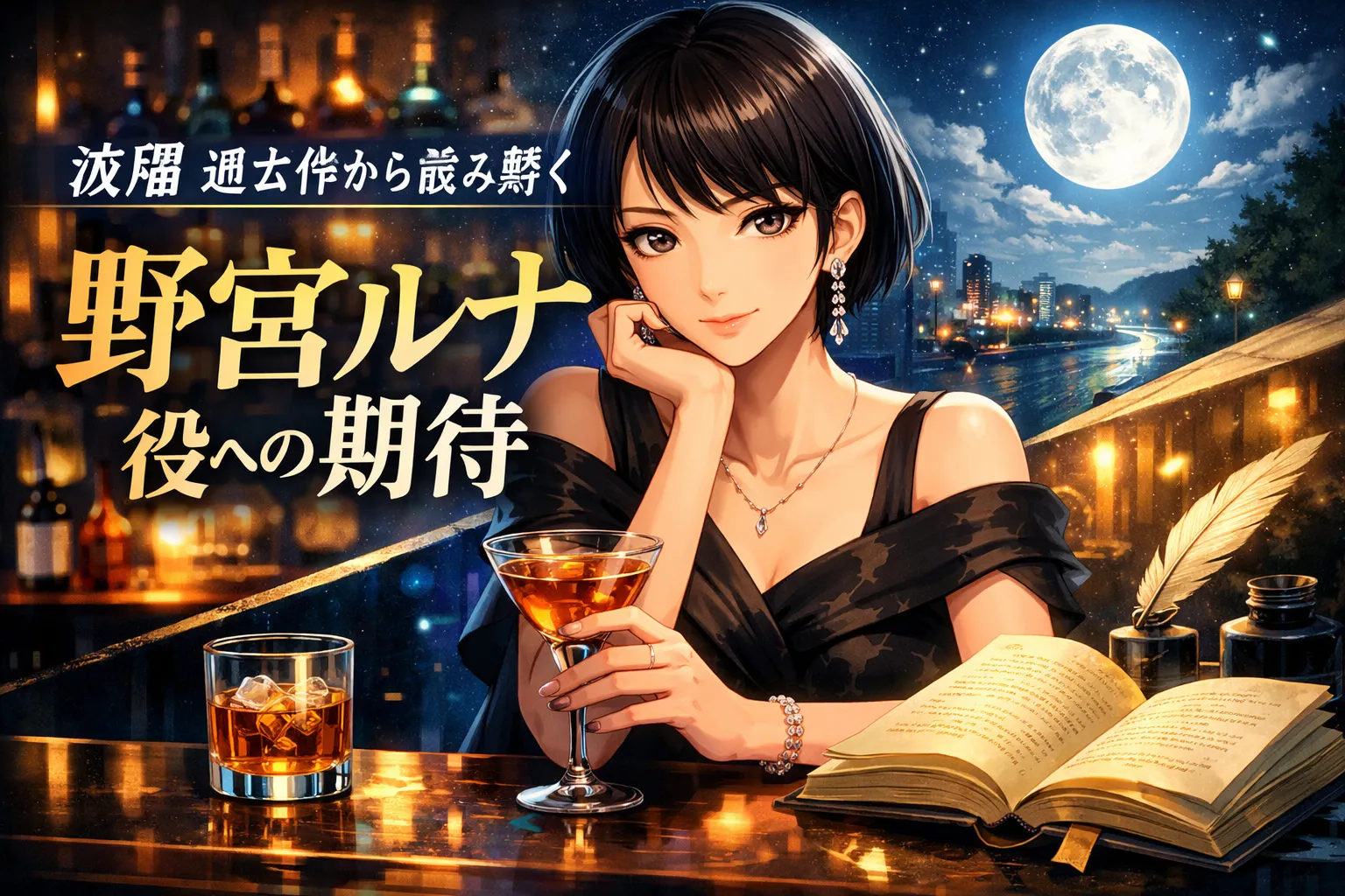 銀座のバーと月夜を背景に、本とカクテルを手にした女性を描いたアニメ風アイキャッチ画像。