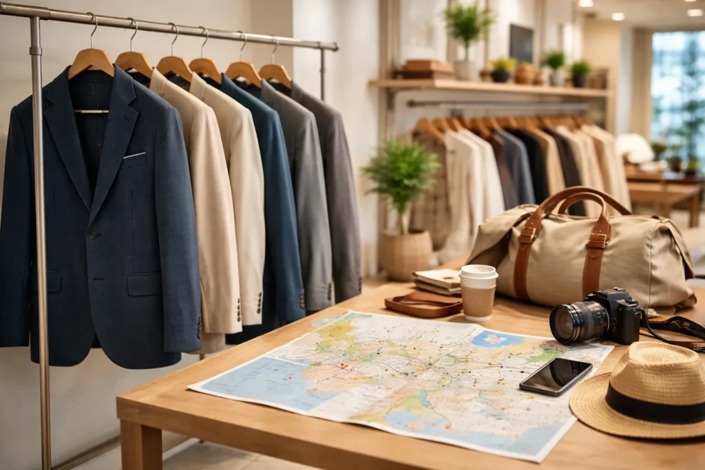 洗練された店内で木製ハンガーのジャケットと旅の地図が並ぶ、ロケ地巡りと衣装選びを連想させる明るい空