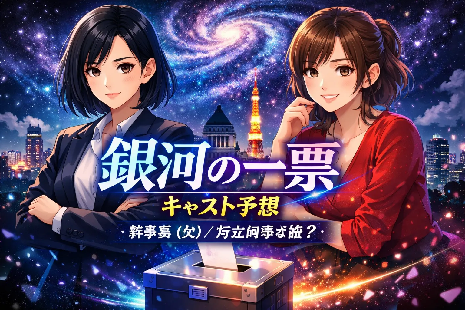 銀河が渦巻く夜空と東京の夜景を背景に、スーツ姿の女性と赤い服の女性が並ぶアニメ風イラスト。中央に「銀河の一票 キャスト予想」「幹事長（父）／対立知事は誰？」の文字と、下部に投票箱が描かれている。
