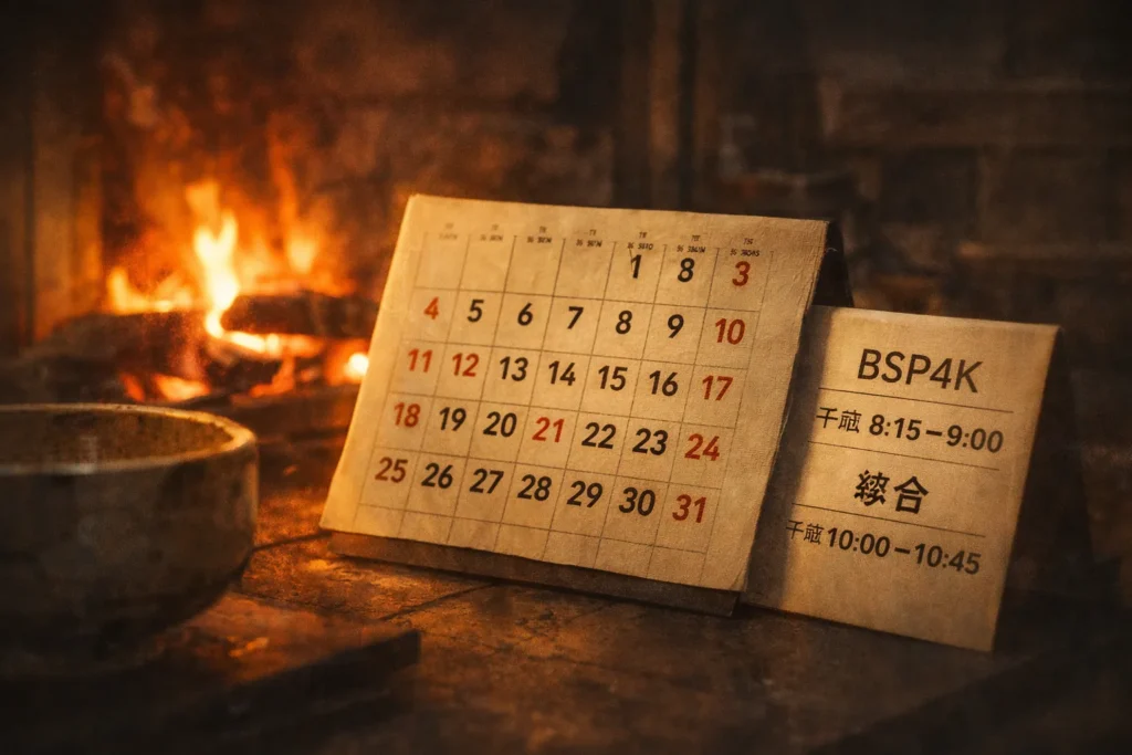 「かまどの炎の暖かい光に照らされたカレンダーと番組表メモ。BSP4Kと総合の放送時間を示すカードが並び、手前に陶器の器がぼんやり写る」