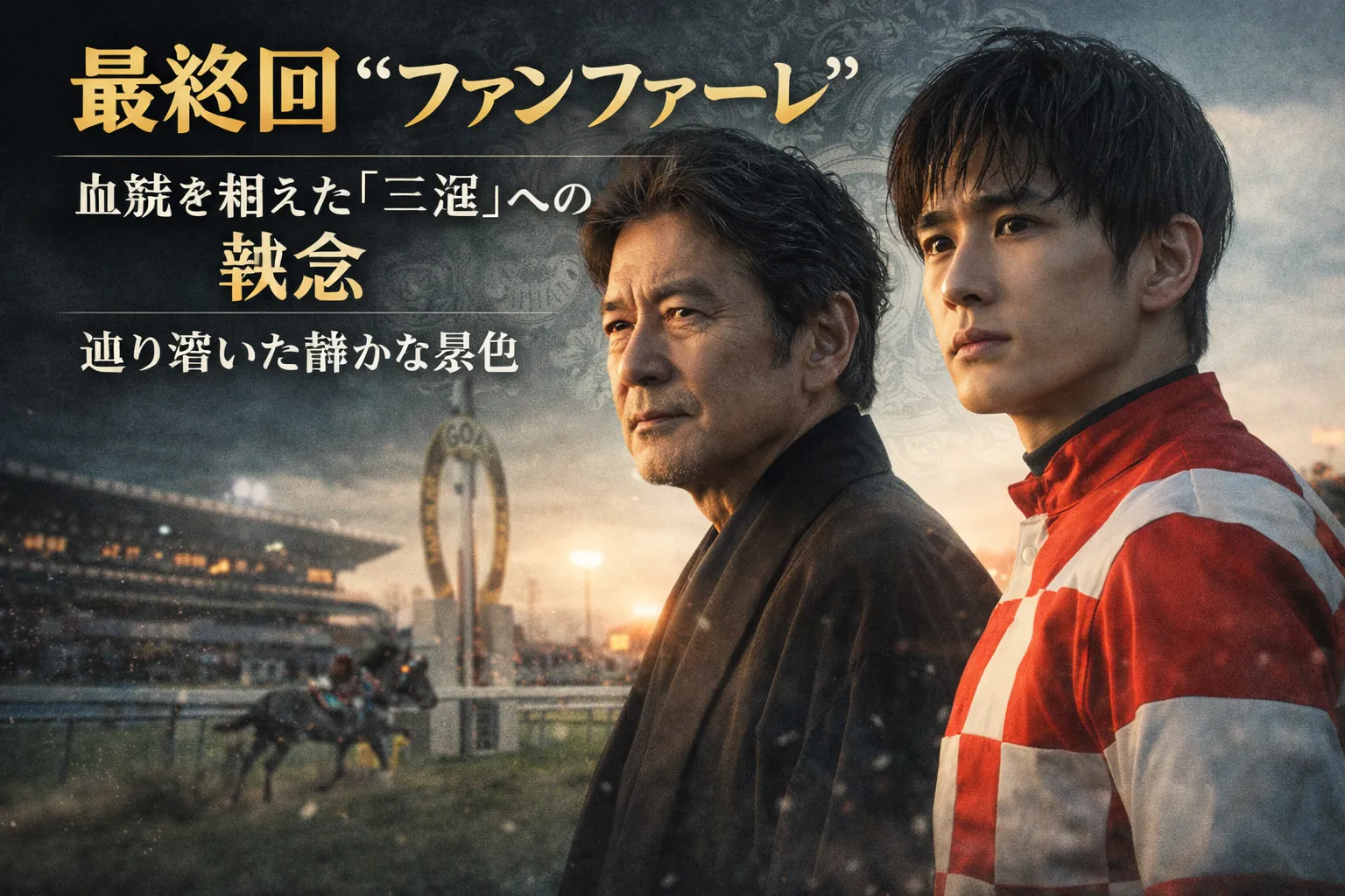 夕暮れの競馬場を背景に、年長の男性と若い男性（勝負服姿）が並んで前方を見つめる。『最終回“ファンファーレ”】【血統を超えた「三冠」への執念】【辿り着いた静かな景色】の文字が入ったドラマ最終回レビュー用アイキャッチ