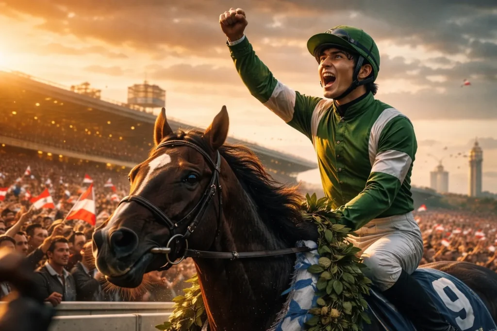 歓声の中、勝利のあとに残る静けさを抱えた騎手のガッツポーズ