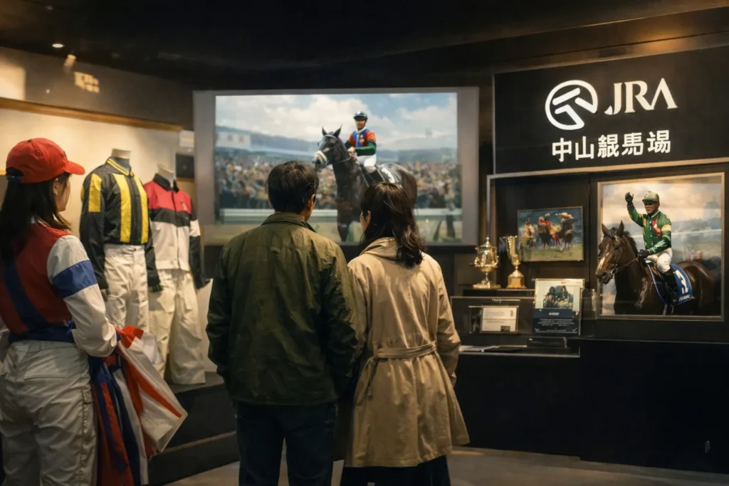 中山競馬場の展示を見学する来場者