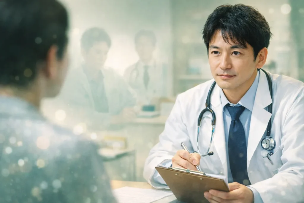 診察室で白衣の男性医師がカルテを手に、患者に向き合いながら静かに話を聞いている。背景は柔らかな光の病院内で、落ち着いたミント系の雰囲気。