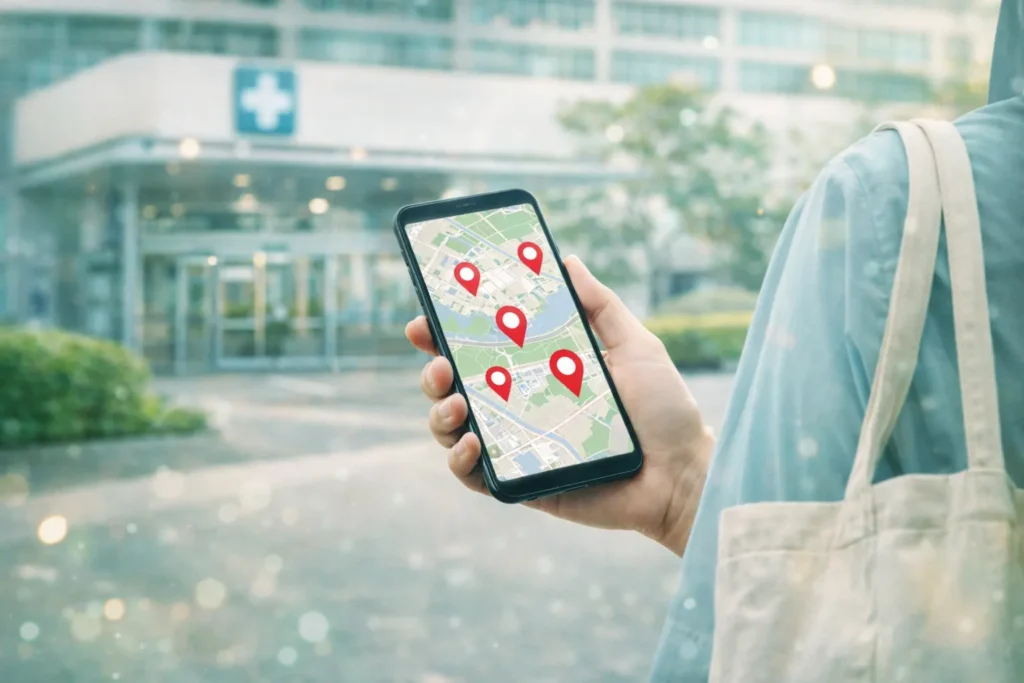 病院の外観を背景に、手元のスマホで地図を表示し赤いピンが複数立っている。肩にはトートバッグを掛け、巡礼の雰囲気が伝わる爽やかなミント系トーンの写真。