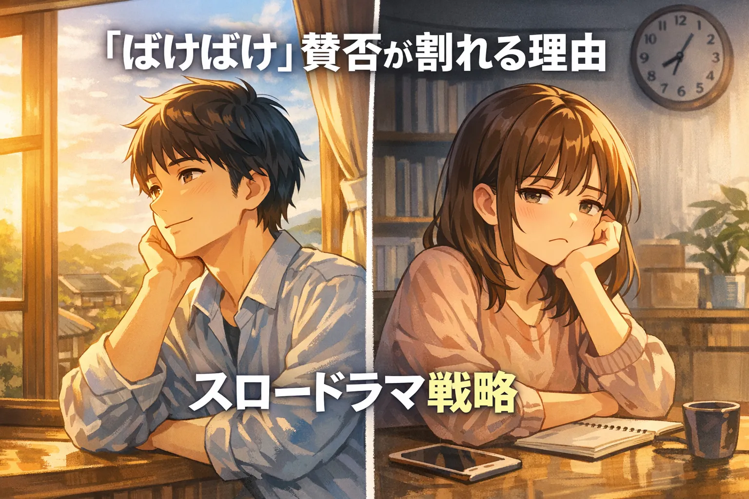 朝の光の部屋で、沁みる派の男性と退屈派の女性を左右分割で描いた『ばけばけ』賛否二極化のイメージ