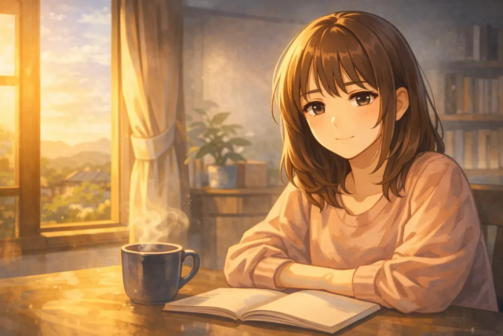 朝の光が差す部屋で、湯気の立つマグとノートの前に座る女性の静かな表情を描いたアニメ風イメージ
