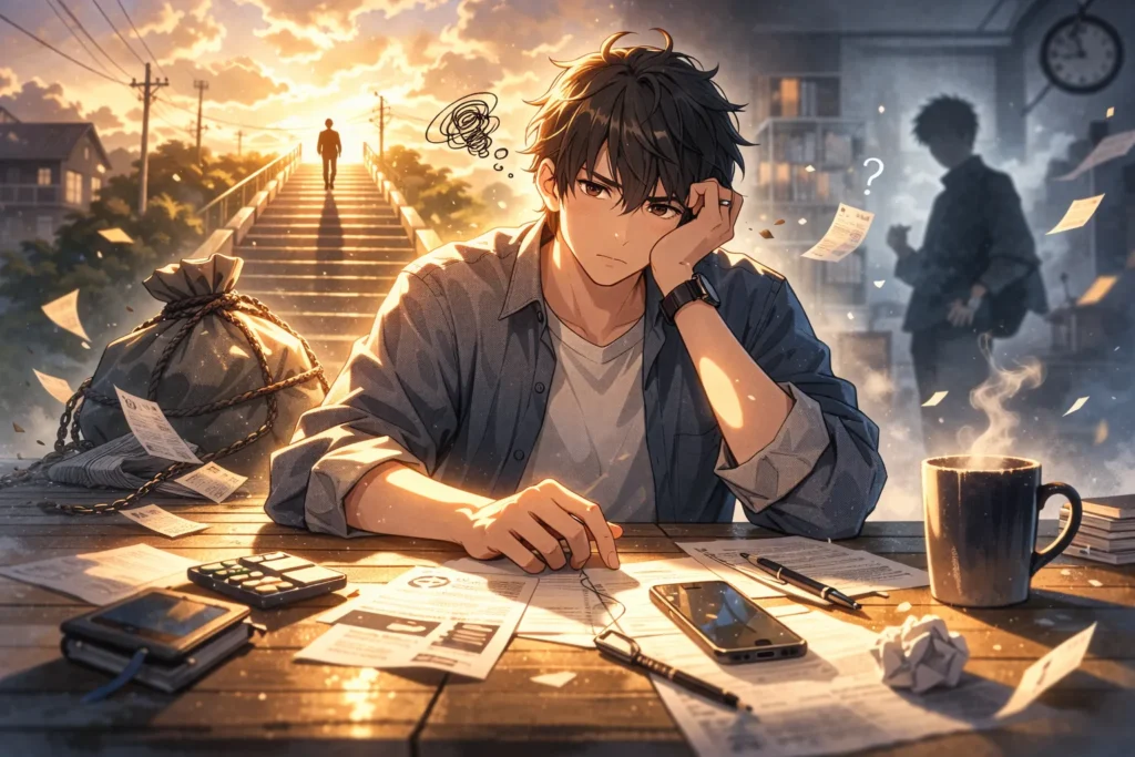 朝ドラ『ばけばけ』が「つまらない」と感じる心理を象徴する、重い空気の部屋で困った表情の男性を描いたアニメ風アイキャッチ