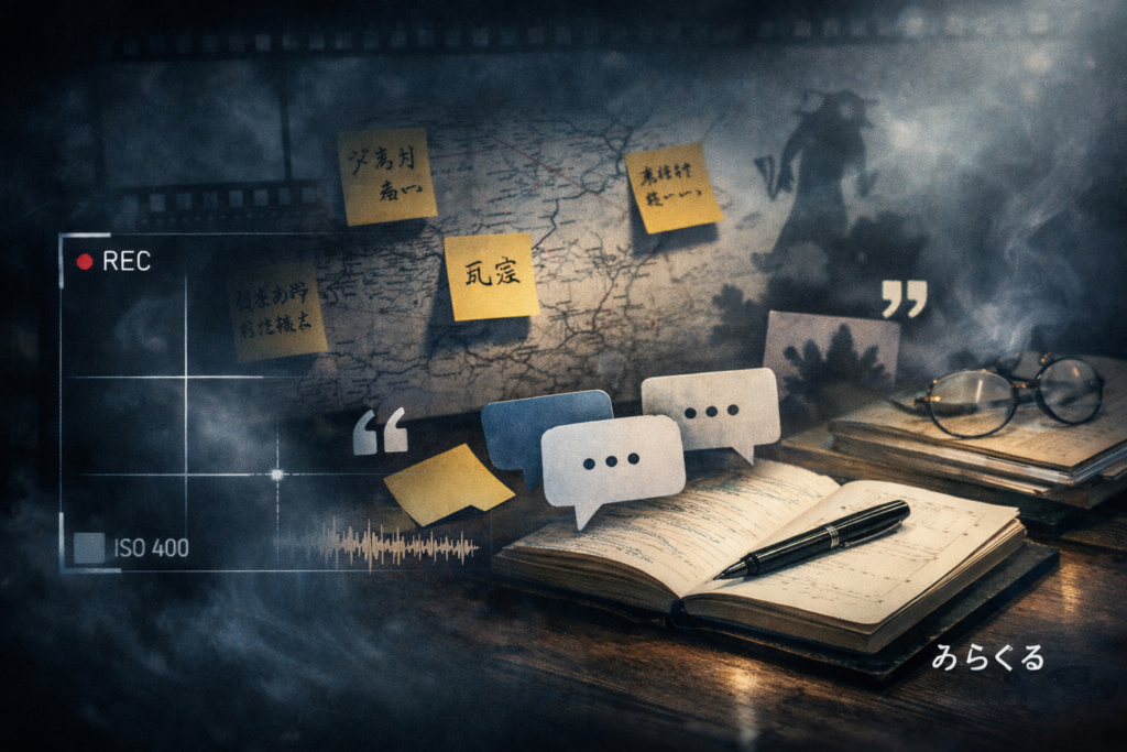 『ばけばけ』感想記事の見出し3用アイキャッチ画像。暗い作業机にノートと万年筆、背景に地図と付箋メモが貼られ、吹き出しアイコンや引用符、波形表示が浮かぶ。右奥に怪談を連想させる人影のシルエットと靄があり、情報収集と反応ログの雰囲気を表現している。