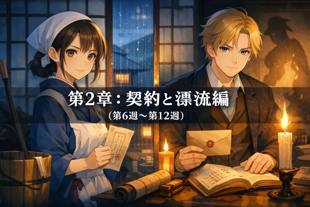 朝ドラ『ばけばけ』第2章「契約と漂流編」（第6週〜第12週）のアイキャッチ。雨の松江を背景に、女中姿のトキと外国人のヘブンが障子越しに向かい合い、契約書の紙と封の手紙、蝋燭と怪談本（巻物）が共通言語の発見を象徴するアニメ風ビジュアル。