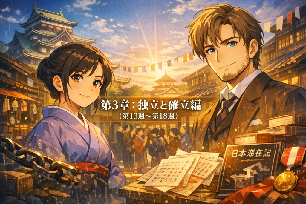 朝ドラ『ばけばけ』第3章「独立と確立編」（第13週〜第18週）のアイキャッチ。明治の松江・城下町の賑わいと城を背景に、トキとヘブンが自信ある表情でこちらを見つめる。手前に原稿や本（日本滞在記）など“二人で稼ぎ名を成す”成功を象徴するアニメ風ビジュアル。