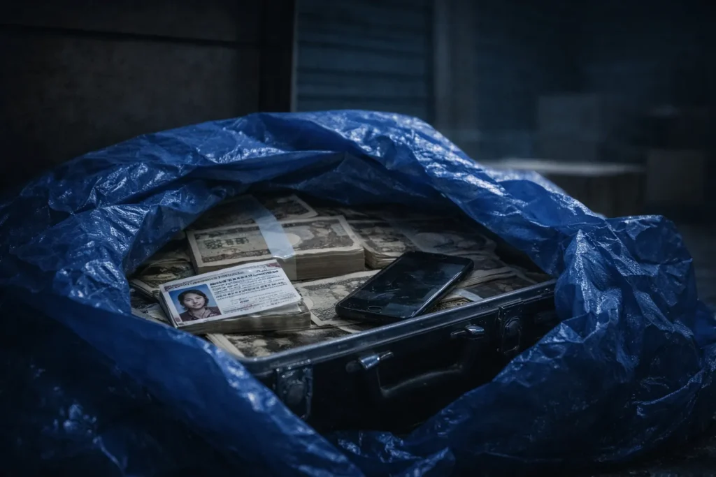 トランクルームでブルーシートに包まれた大量の現金と、床に置かれたスマホと免許証が写る実写風イメージ 