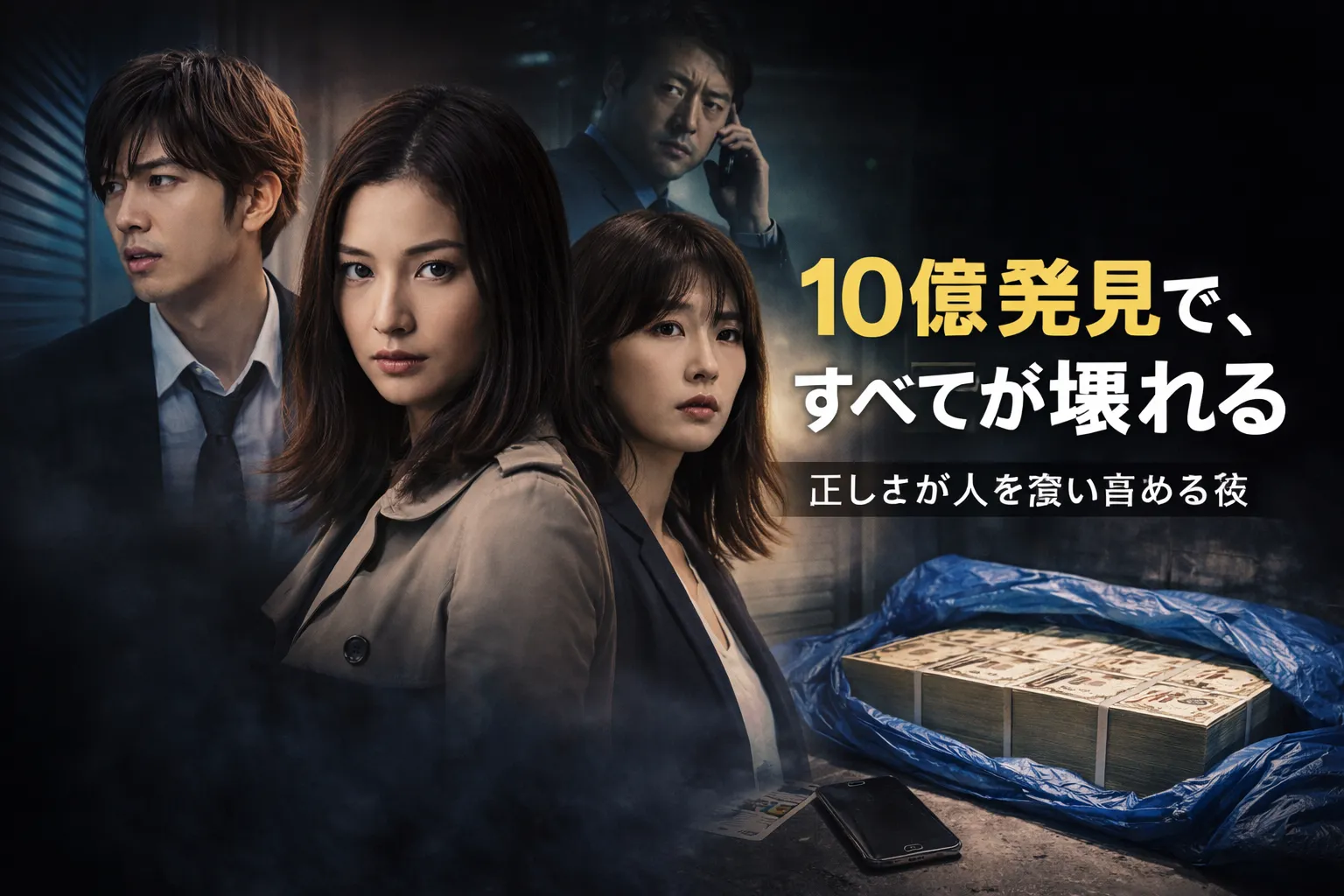 日曜劇場『リブート』第3話、10億円発見を前に緊張した表情を浮かべる麻友と一香、背後に積まれた現金が映る実写風イメージ