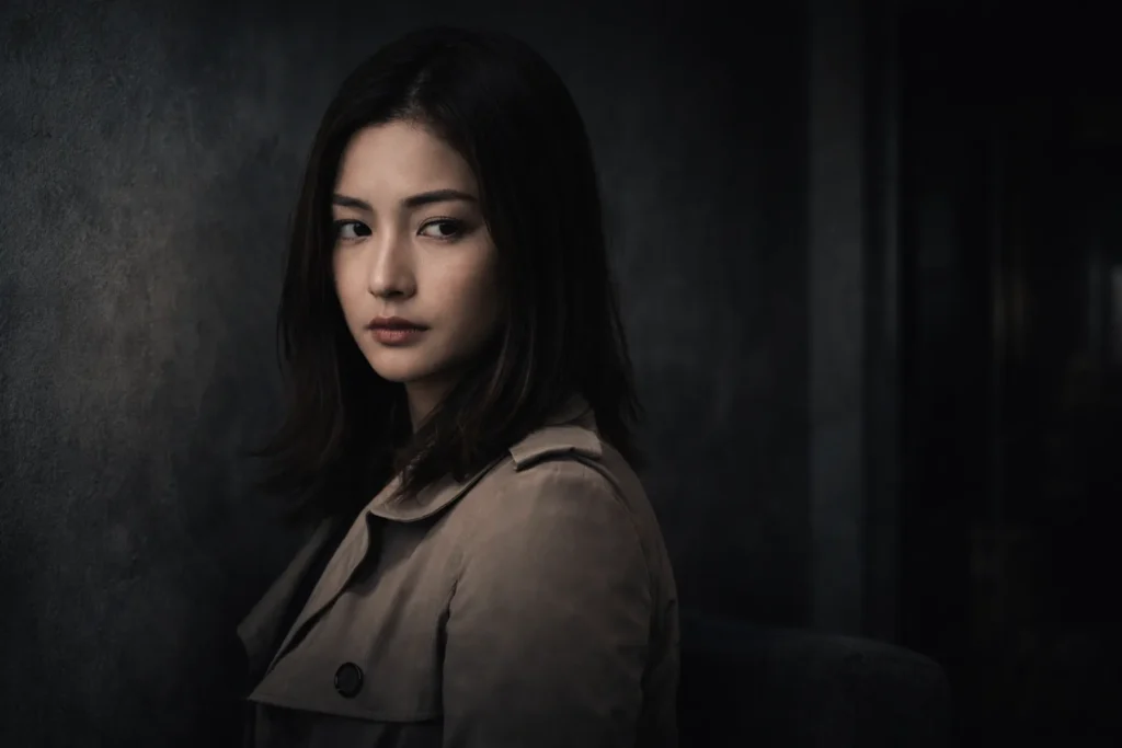 暗い室内で感情を抑えた表情を浮かべる日本人女性が立つ実写風イメージ。正しさに追い詰められる心理を象徴している