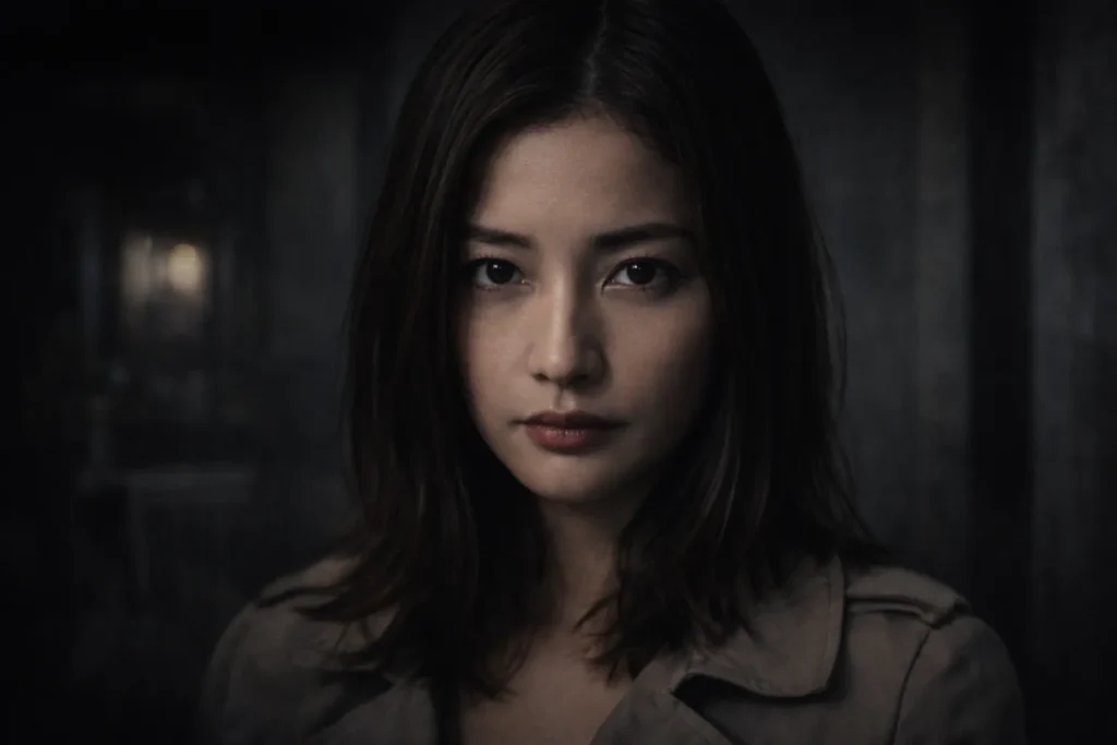 暗い室内で真正面から視線を向ける日本人女性の実写風クローズアップ。感情を抑えた確信の表情が強調されている