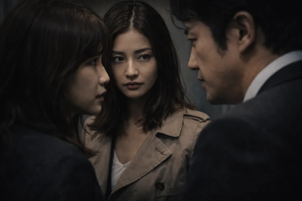 暗い室内で向かい合う日本人女性二人と、その間に挟まれるように立つ男性が写る実写風イメージ。緊張した距離感が強調されている