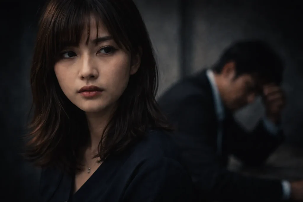感情を表に出さず横を向く日本人女性と、背後で俯く男性が写る実写風イメージ。距離感のある空気が強調されている