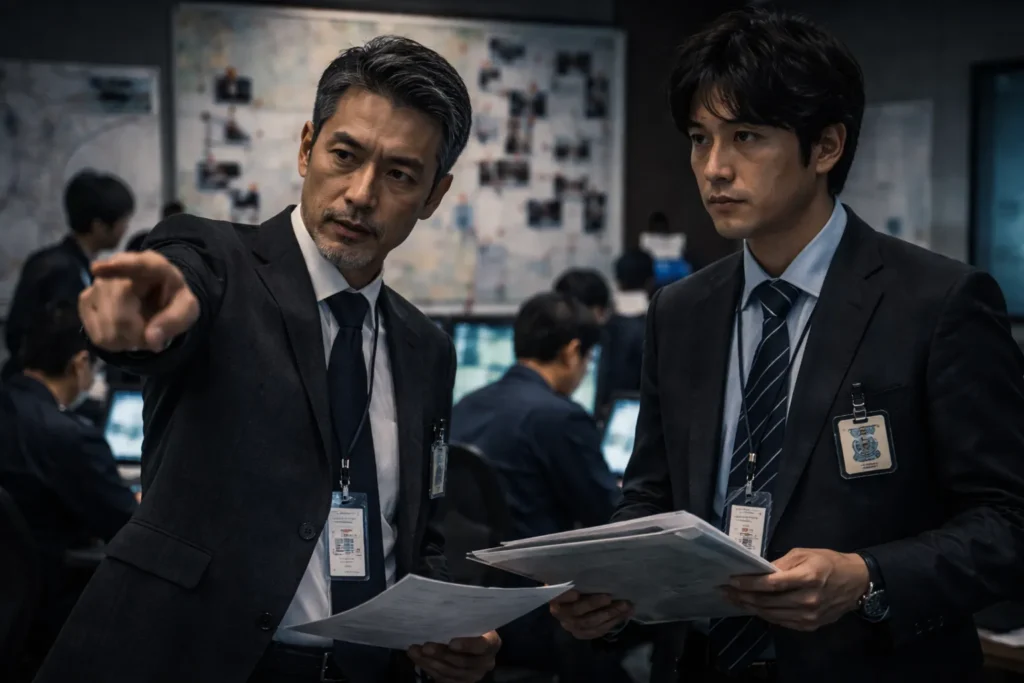 警察署内で資料を手に指示を出す日本人男性二人と、背後で捜査を進める捜査員たちが写る実写風イメージ