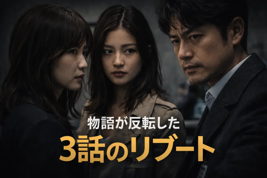 暗い室内で向かい合う日本人女性二人と男性一人が写る実写風イメージ。物語の転換点を象徴する緊張した空気が漂っている