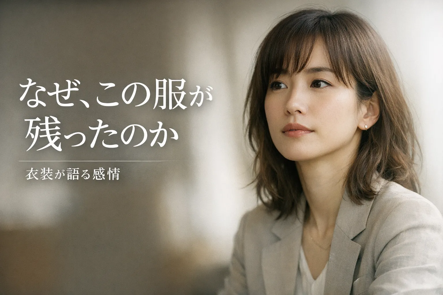 ドラマ「リブート」3話の衣装考察をイメージした、ベージュのジャケット姿で考え込む女性のビジュアル