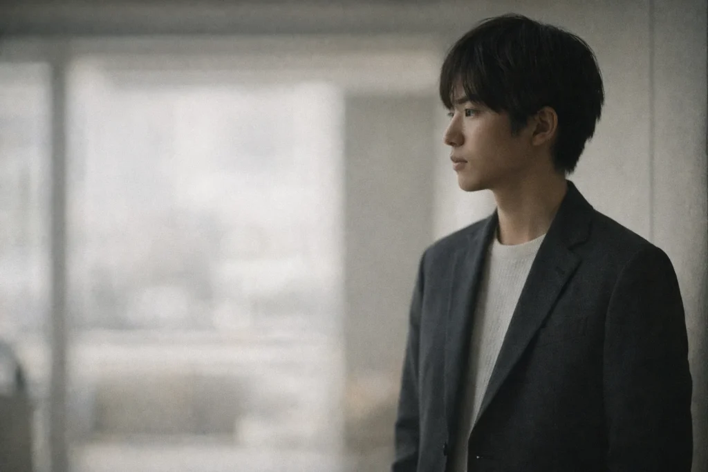 リブート3話の衣装が感情を引き立てていたことを象徴する、落ち着いた服装で静かに佇む男性の横顔イメージ 