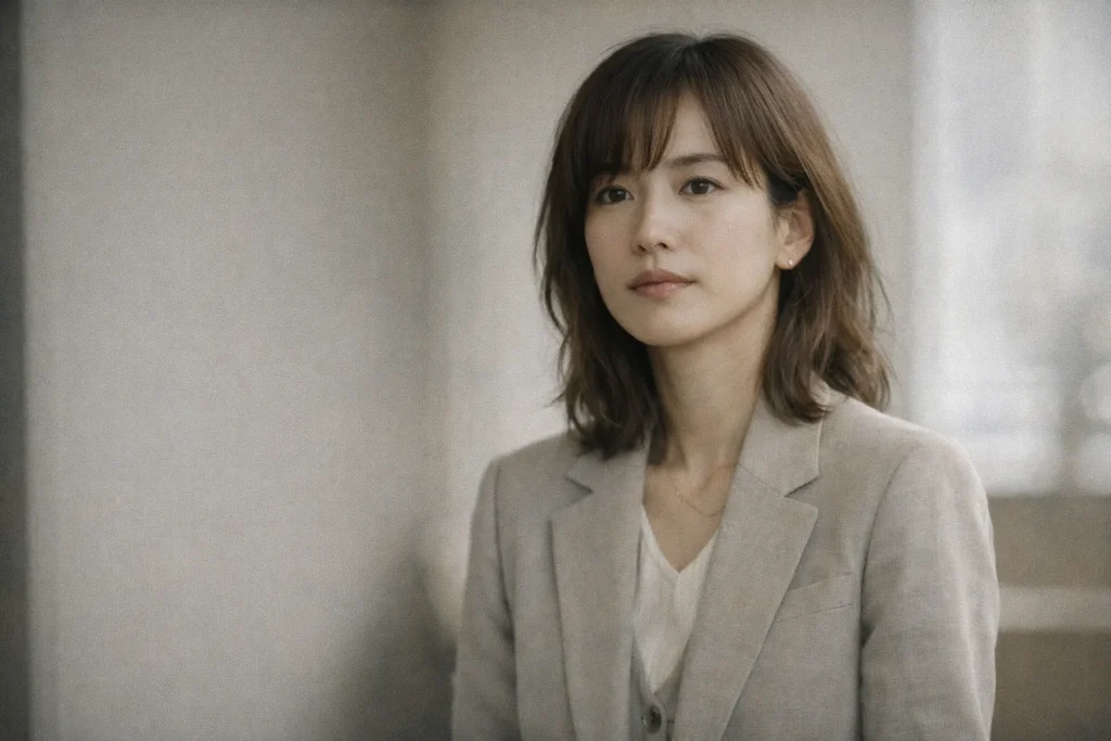 リブート3話で幸後一香の衣装が示していた揺れながらも崩れない立場を表現した、淡い色のジャケットを着た女性の落ち着いた表情 