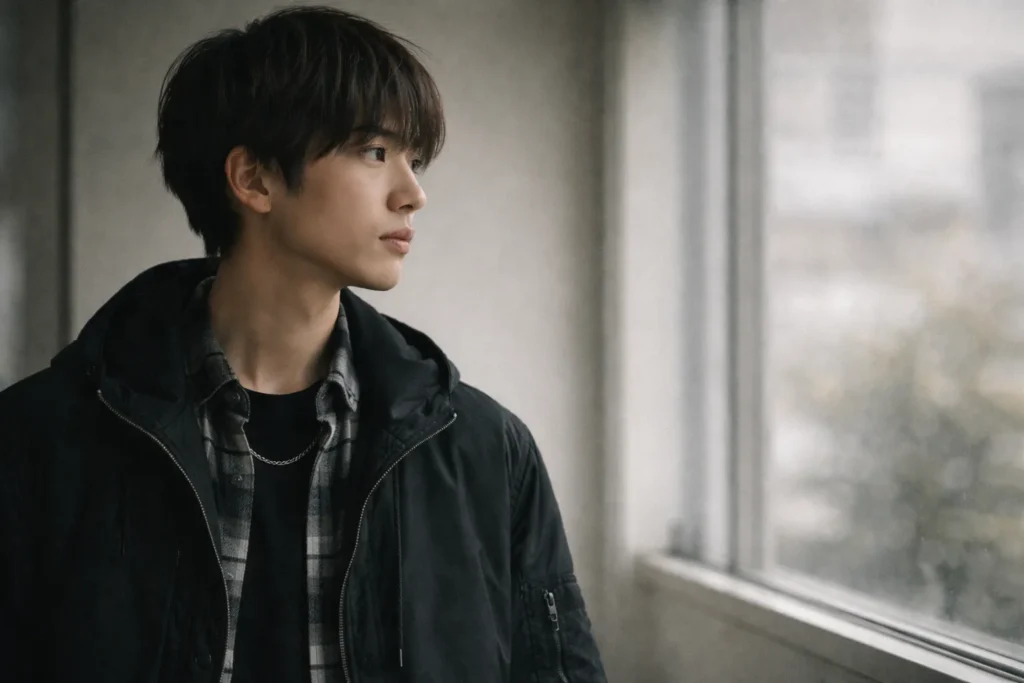 リブート3話で冬橋抗の衣装が示していた距離を保つカジュアルを表現した、黒を基調とした服装で窓の外を見る男性の横顔 