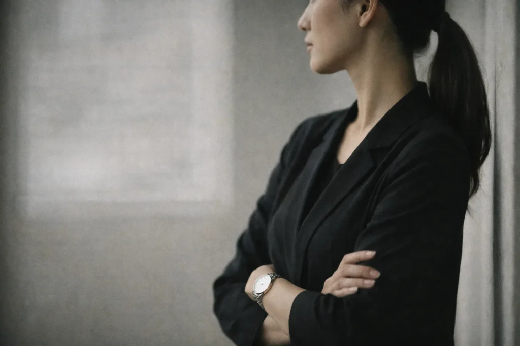 リブート3話で儀堂麻友の衣装が与えていた感情を見せない安心感を象徴する、黒い服装と腕時計が印象的な女性の横姿 