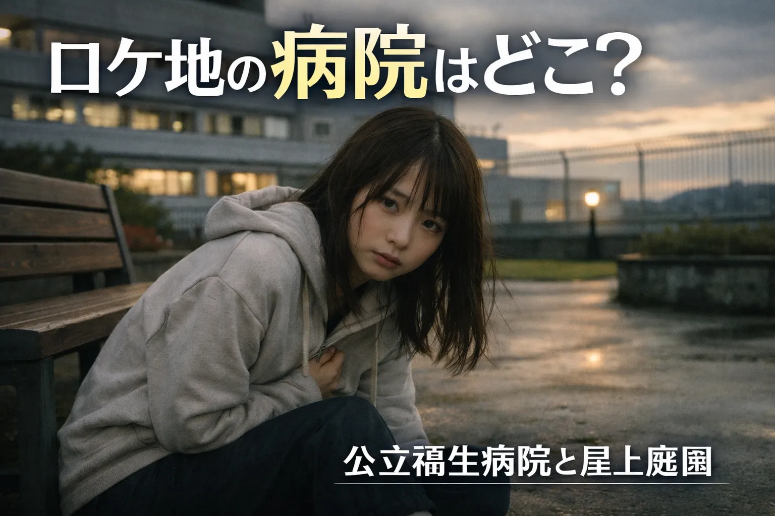 alt="日曜劇場『リブート』の病院ロケ地をイメージした屋上庭園。夕暮れの病院屋上で、苦しそうに胸を押さえて座り込む若い女性と、背後に見える病院建物"