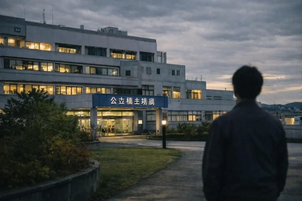 alt="日曜劇場『リブート』の病院ロケ地として紹介されている公立福生病院の外観。曇り空の夕方、病院建物を遠くから見つめる人物の後ろ姿"