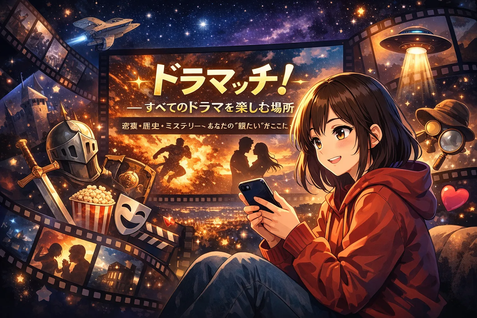 ドラマレビューサイト「ドラマッチ！」のTOPイメージ。スマホでドラマを楽しむ女性の周囲に、恋愛・歴史・ミステリー・SFなど多彩なジャンルを象徴する映像が広がるアニメ風ビジュアル。