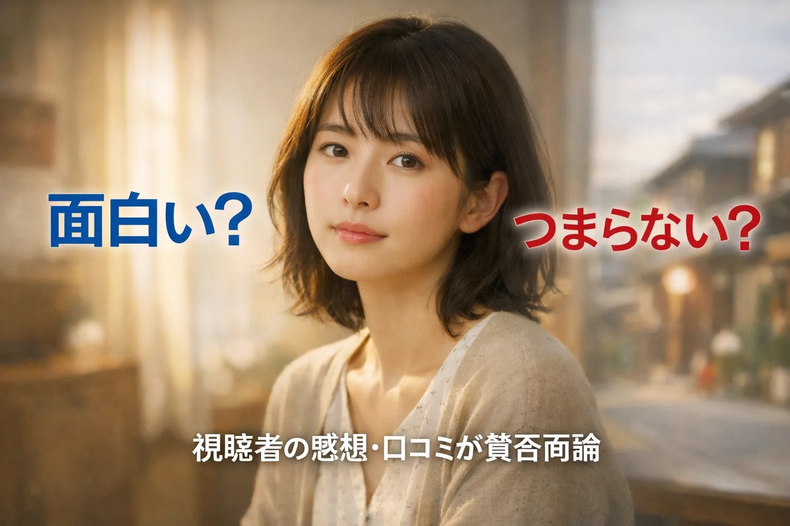 alt="NHK朝ドラ『ばけばけ』は面白い？つまらない？と考え込む日本人女性。視聴者の感想や口コミが賛否両論に分かれていることを表現した実写風アイキャッチ画像"