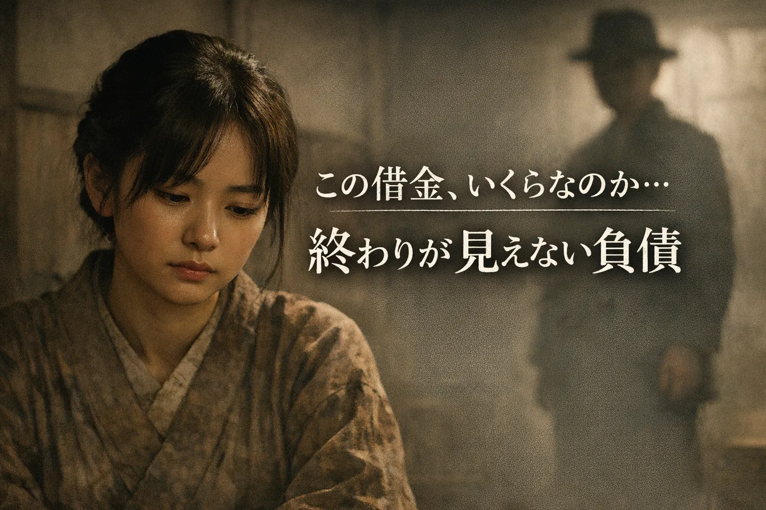 室内で座る主人公トキと、背景に立つ借金取りの人物が描かれた場面