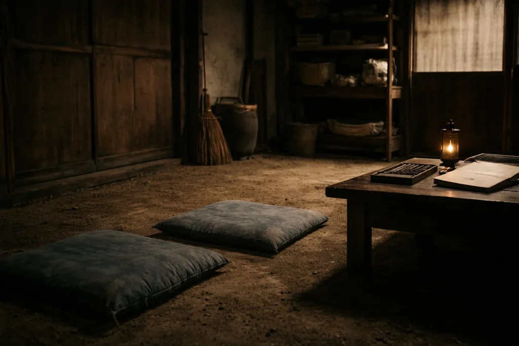 松乃家の室内を思わせる土間と座布団、帳簿が置かれた机の様子